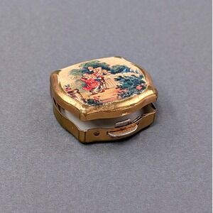 Vintage Stratton England Pill Box Fragonard Pastoral Scene Gold Tone Star Back